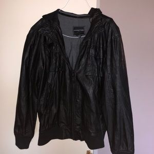 Black Leather Jacket with Removable Hood